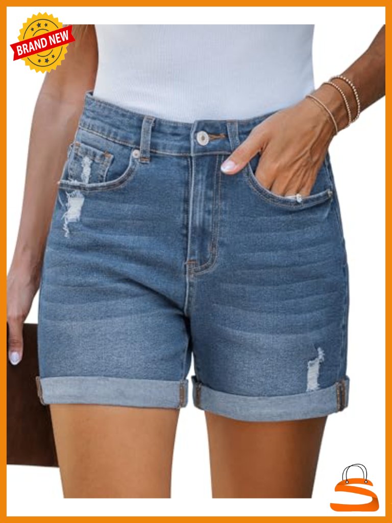 Stretchy High Waisted Ripped Denim Shorts With Pockets Distressed Cut Off